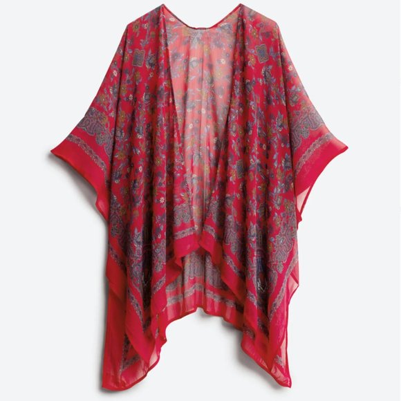 LUCKY BRAND Red Varsha Open Front Sheer Floral Woven Boho Kimono Cardigan Top - Picture 1 of 1